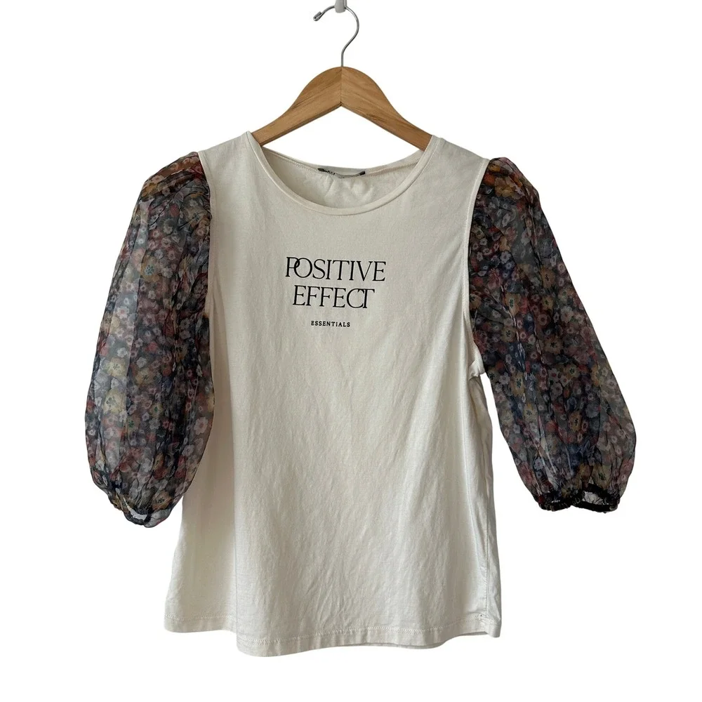 Zara Positive Effect Graphic Top Cream Sheer Floral Puff Sleeve Small
